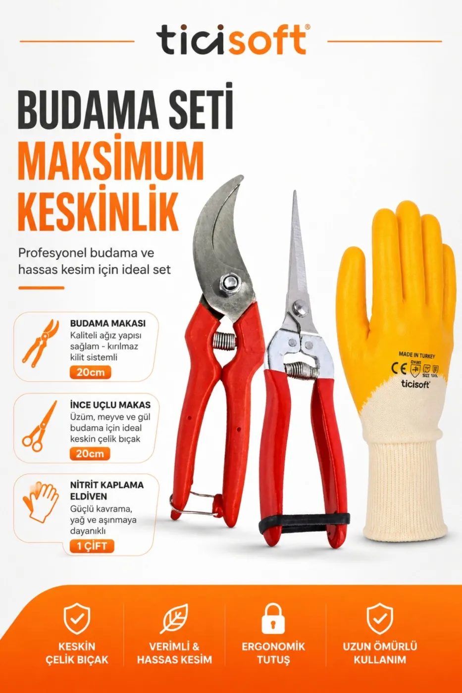 Profesyonel Bahçe Budama Seti Budama Makası Gül Makası Eldivenli 3'lü Set