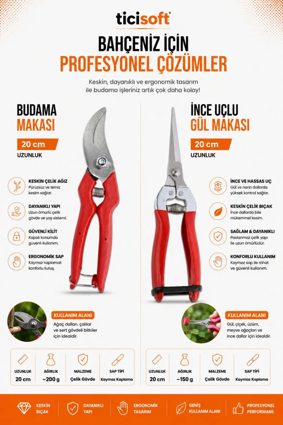 4'lü Bahçıvan Seti Katlanır Budama Testeresi Gül Makası Budama Makası Eldiven