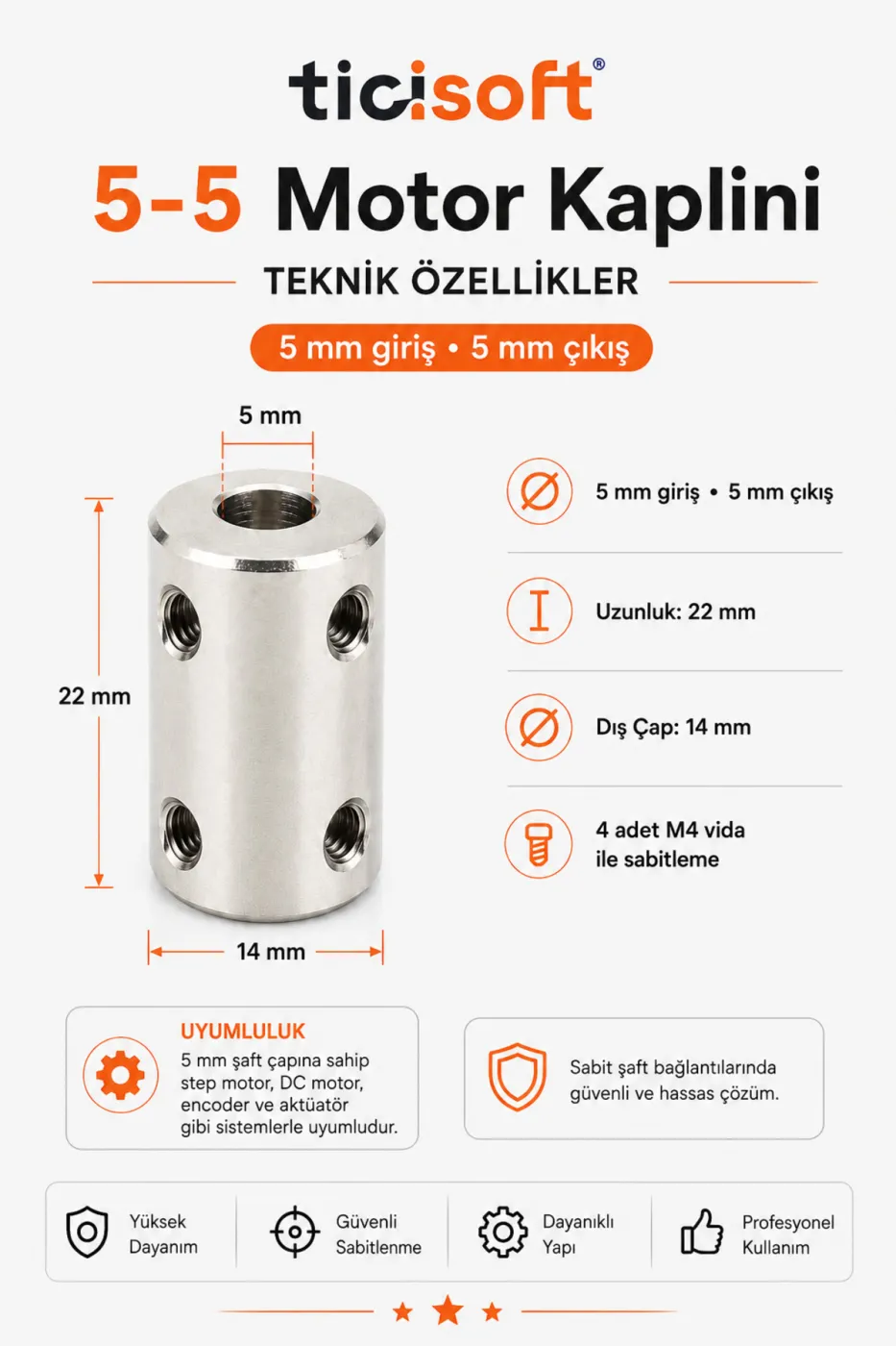 5-5 Motor Kaplini Sabit Şaft Bağlantı Kaplin Motor Pimi Çoğaltıcı 5mm Çelik 4 M4 Vidalı Alyanlı