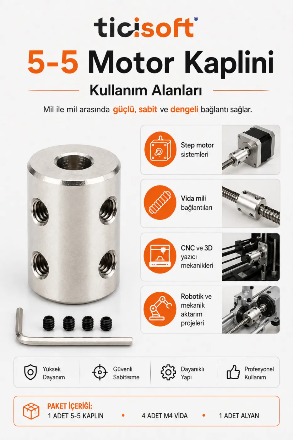 5-5 Motor Kaplini Sabit Şaft Bağlantı Kaplin Motor Pimi Çoğaltıcı 5mm Çelik 4 M4 Vidalı Alyanlı