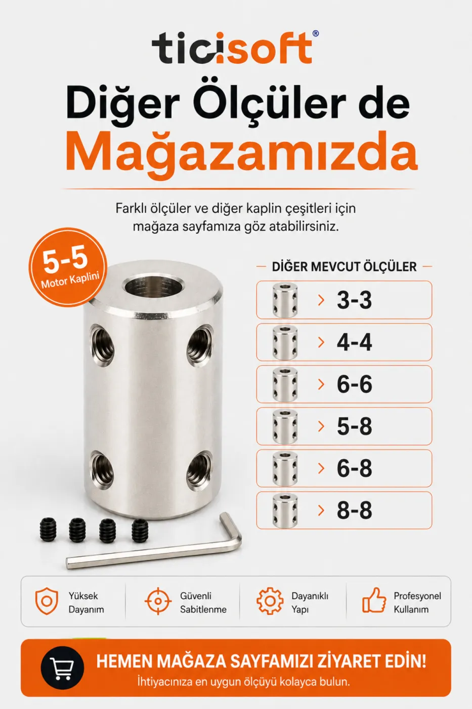 5-5 Motor Kaplini Sabit Şaft Bağlantı Kaplin Motor Pimi Çoğaltıcı 5mm Çelik 4 M4 Vidalı Alyanlı