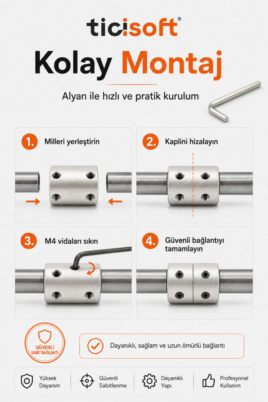 5-5 Motor Kaplini Sabit Şaft Bağlantı Kaplin Motor Pimi Çoğaltıcı 5mm Çelik 4 M4 Vidalı Alyanlı