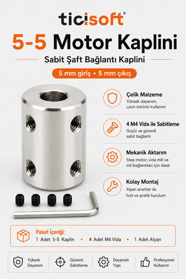 5-5 Motor Kaplini Sabit Şaft Bağlantı Kaplin Motor Pimi Çoğaltıcı 5mm Çelik 4 M4 Vidalı Alyanlı