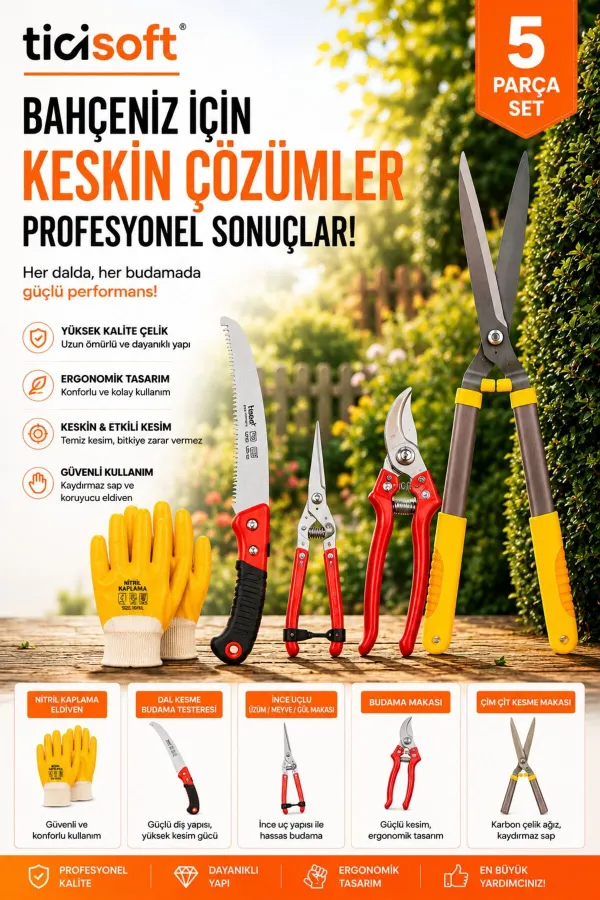 Profesyonel Bahçe Bakım Seti Çim Çit Makası Katlanır Budama Testeresi Gül Makası Budama Makası Eldivenli 5'li Set