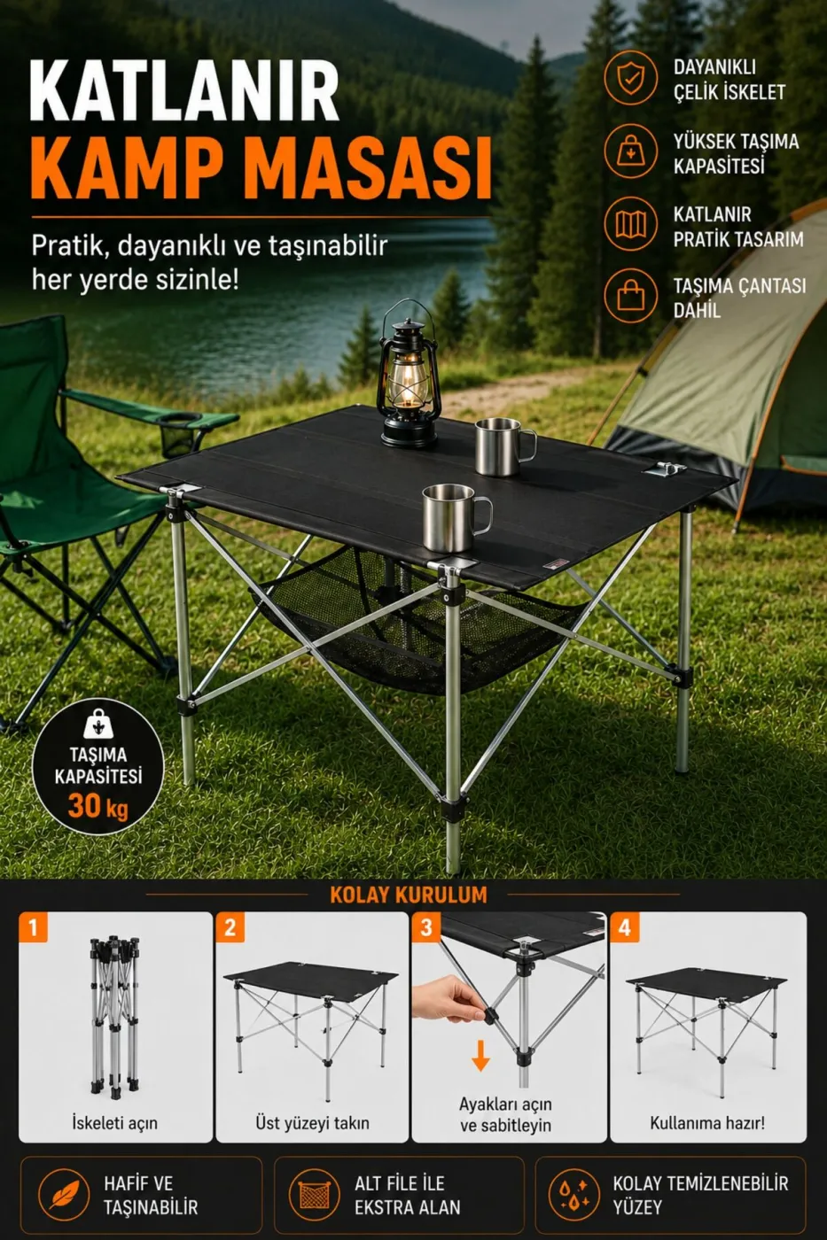 Fileli Kamp Masası Dayanıklı Taşıma Çantalı Bardaklıklı Kamp Sandalyesi Katlanabilir Hafif Taşınabilir Kamp Seti