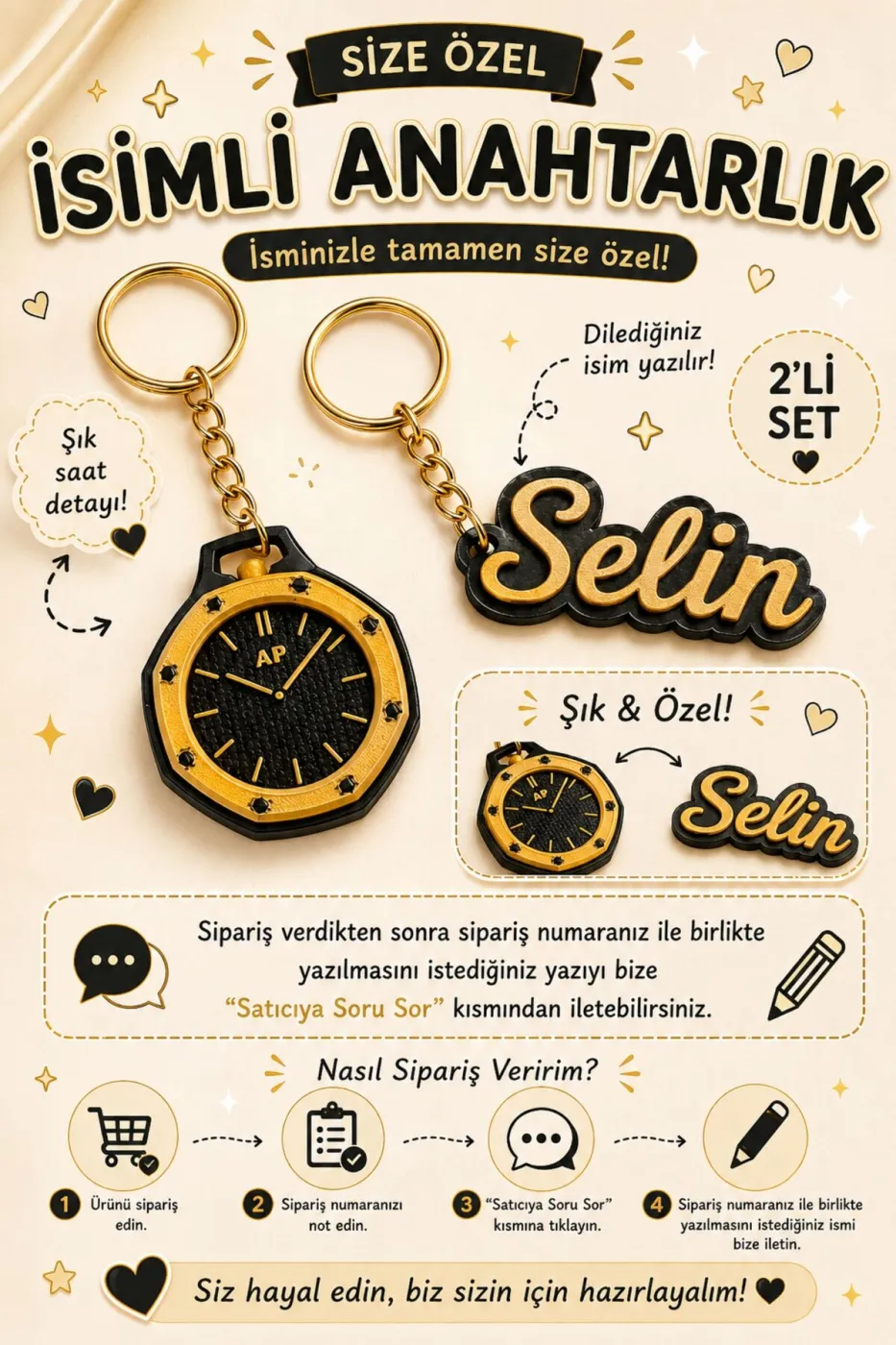 Kişiye Özel İsimli Altın Renkli Royal Pop Saat Anahtarlık | Kişiselleştirilebilir Kalemlik Çanta Süsü Hediyelik | 2li Set