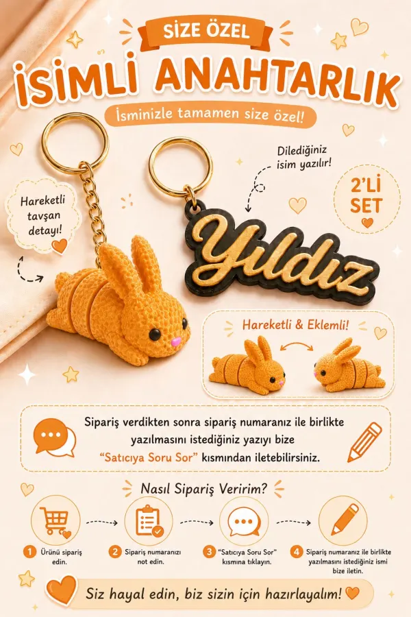 Kişiye Özel İsimli Altın Şans Tavşanı Kişiselleştirilebilir Anahtarlık | Kalemlik Çanta Süsü Hediyelik | 2li Set