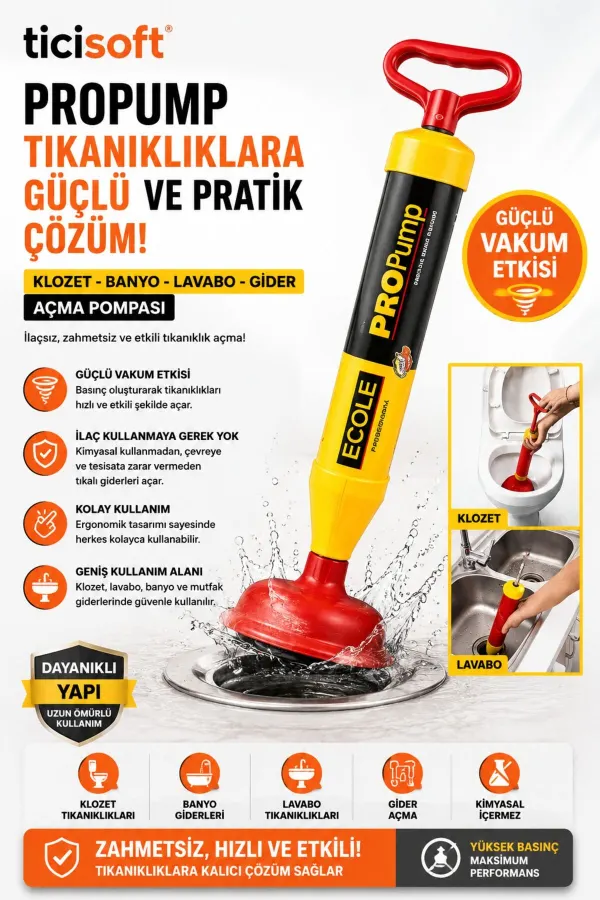 Propump Klozet Lavabo Banyo Gider Açma Pompası İlaçsız Tıkanıklık Açıcı Vakum Pompası