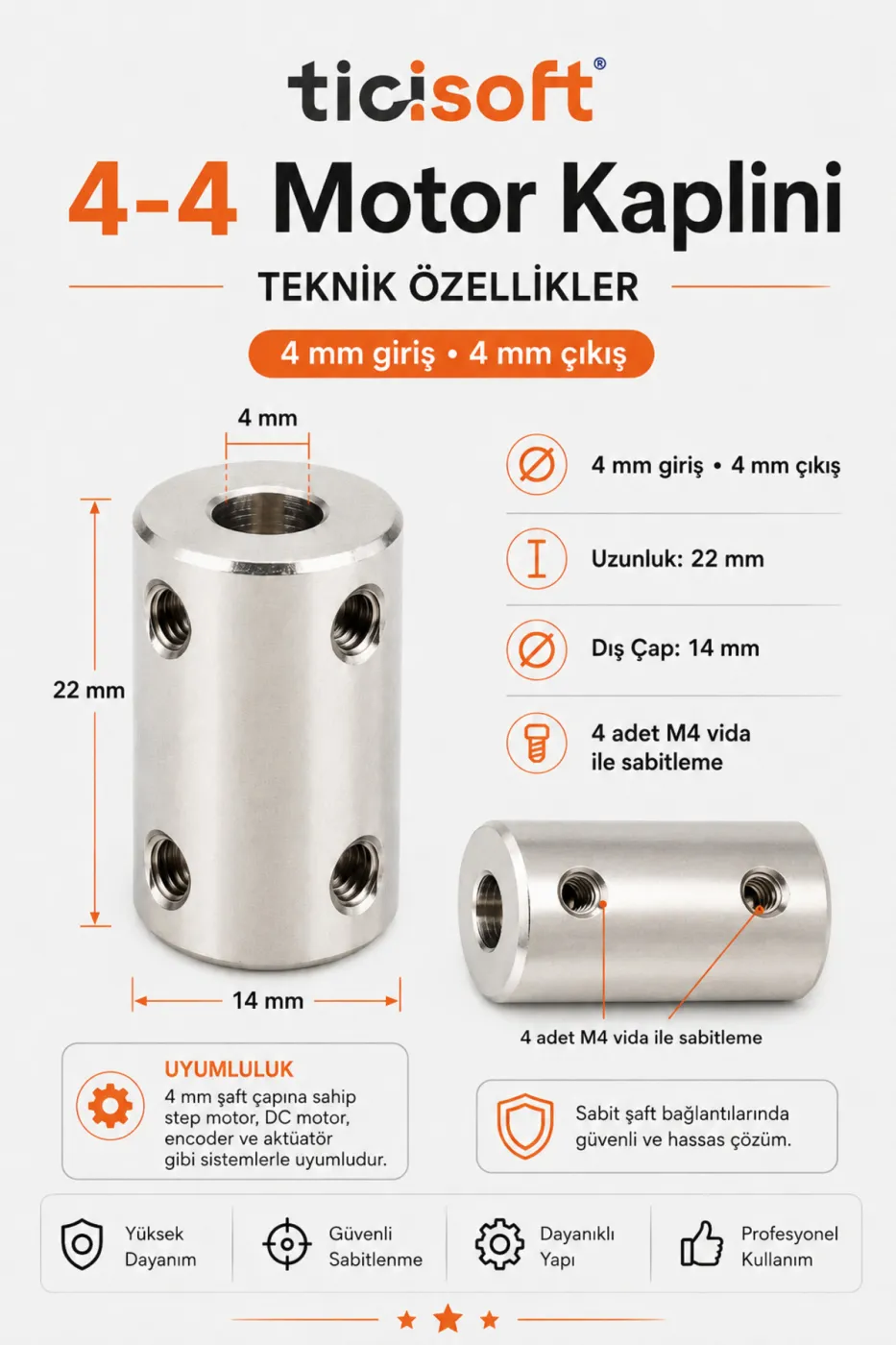 4-4 Motor Kaplini Sabit Şaft Bağlantı Kaplin Motor Pimi Çoğaltıcı 4mm Çelik 4 M4 Vidalı Alyanlı