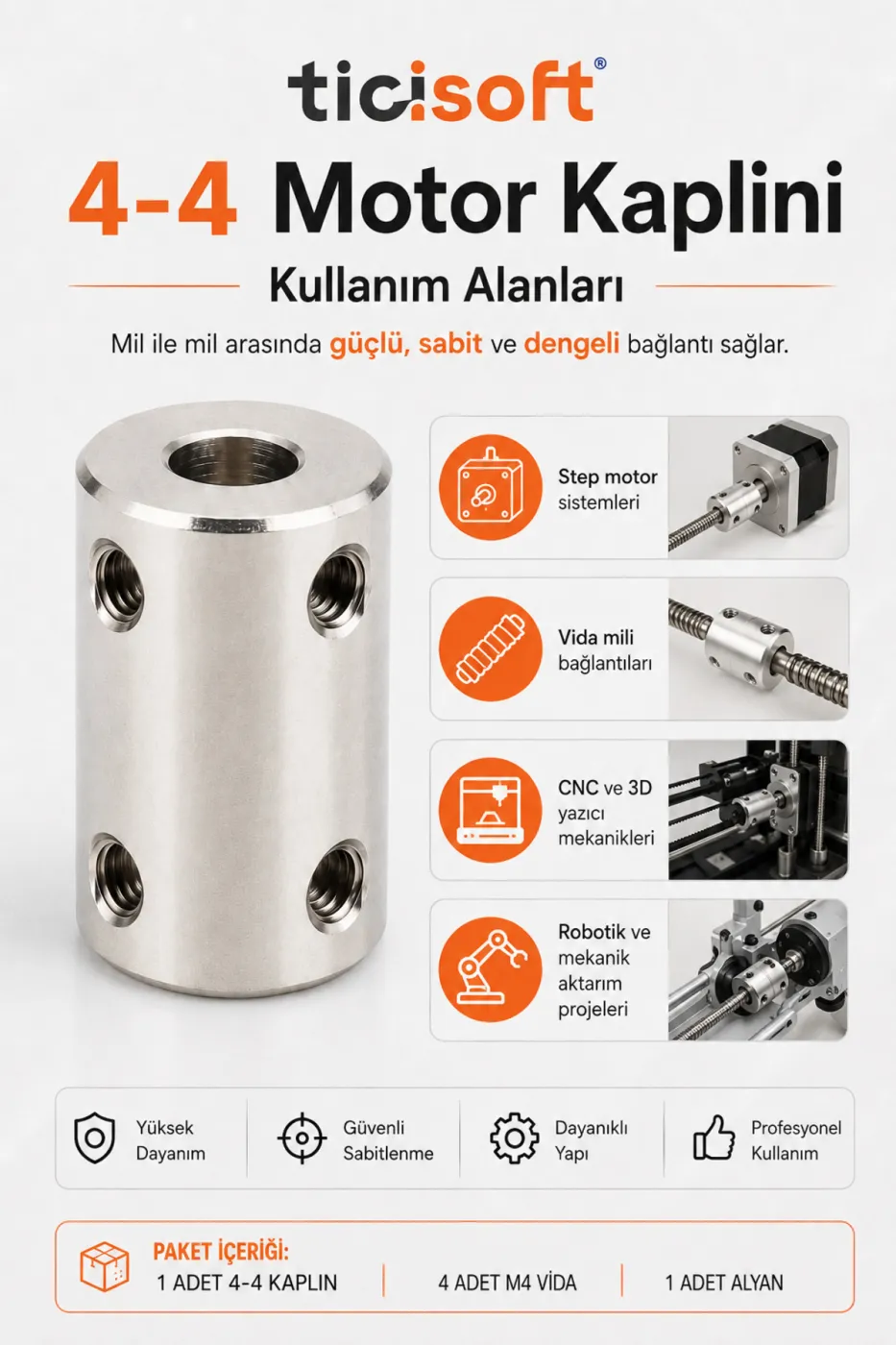 4-4 Motor Kaplini Sabit Şaft Bağlantı Kaplin Motor Pimi Çoğaltıcı 4mm Çelik 4 M4 Vidalı Alyanlı