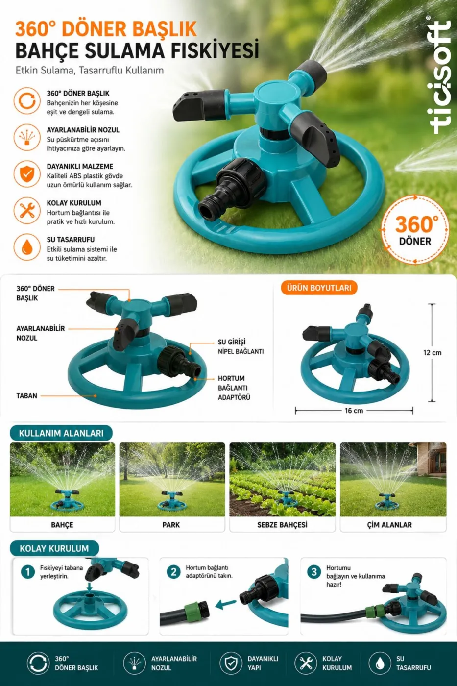 360° Döner Bahçe Sulama Fıskiyesi Ayarlanabilir Nozullu Hortum Klipsli Yağmurlama Sprinkler Başlığı