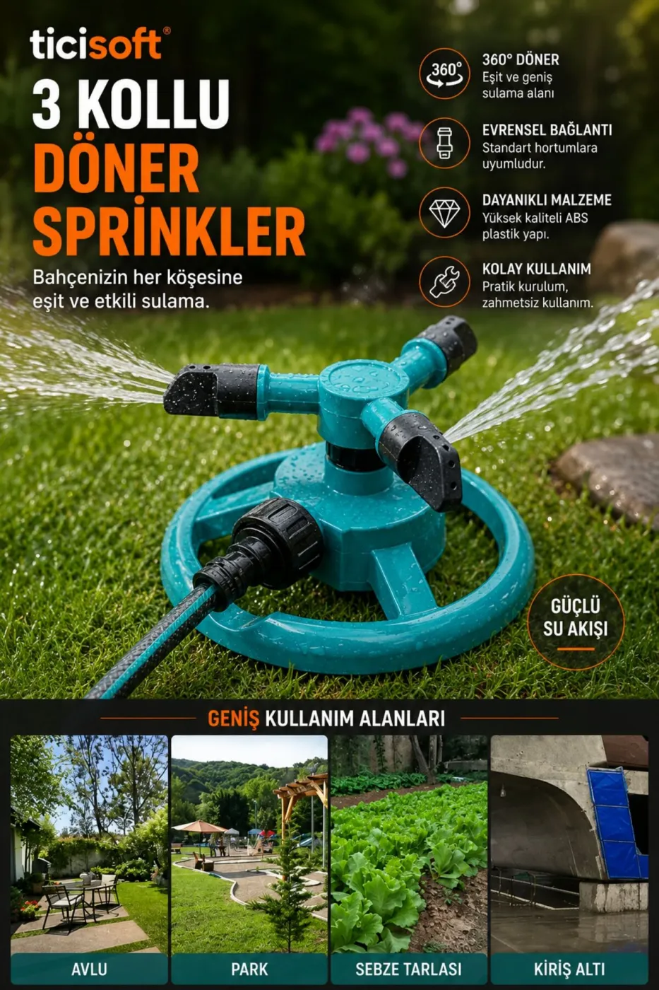 360° Döner Bahçe Sulama Fıskiyesi Ayarlanabilir Nozullu Hortum Klipsli Yağmurlama Sprinkler Başlığı