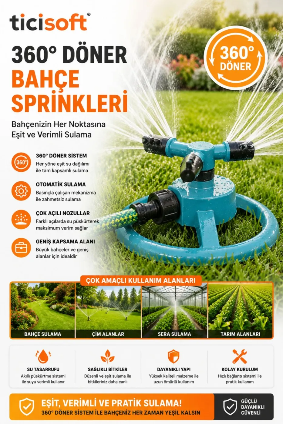 360° Döner Bahçe Sulama Fıskiyesi Ayarlanabilir Nozullu Hortum Klipsli Yağmurlama Sprinkler Başlığı