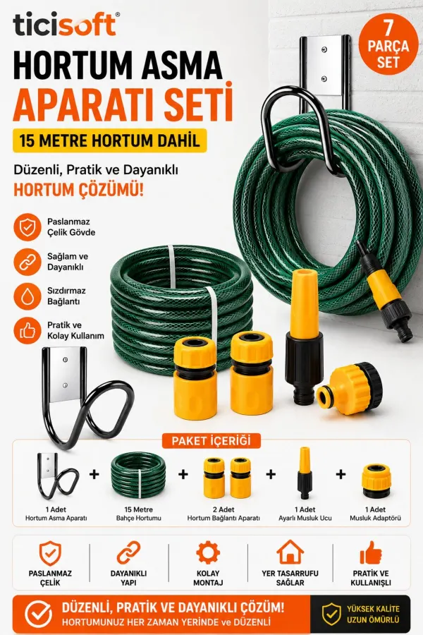 Hortum Asma Aparatı Seti 15 Metre Bahçe Hortumu Paslanmaz Duvar Tipi Hortum Askılığı Seti