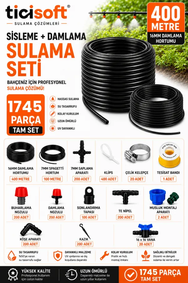 1745 Parça Damlama Sulama Sisleme Seti Sulama Zamanlayıcısı Musluk Tipi Pilli Bahçe Sera Tarla Hobi Bahçesi Saksı Nemlendirme Misting Buharlama Spagetti Hortum