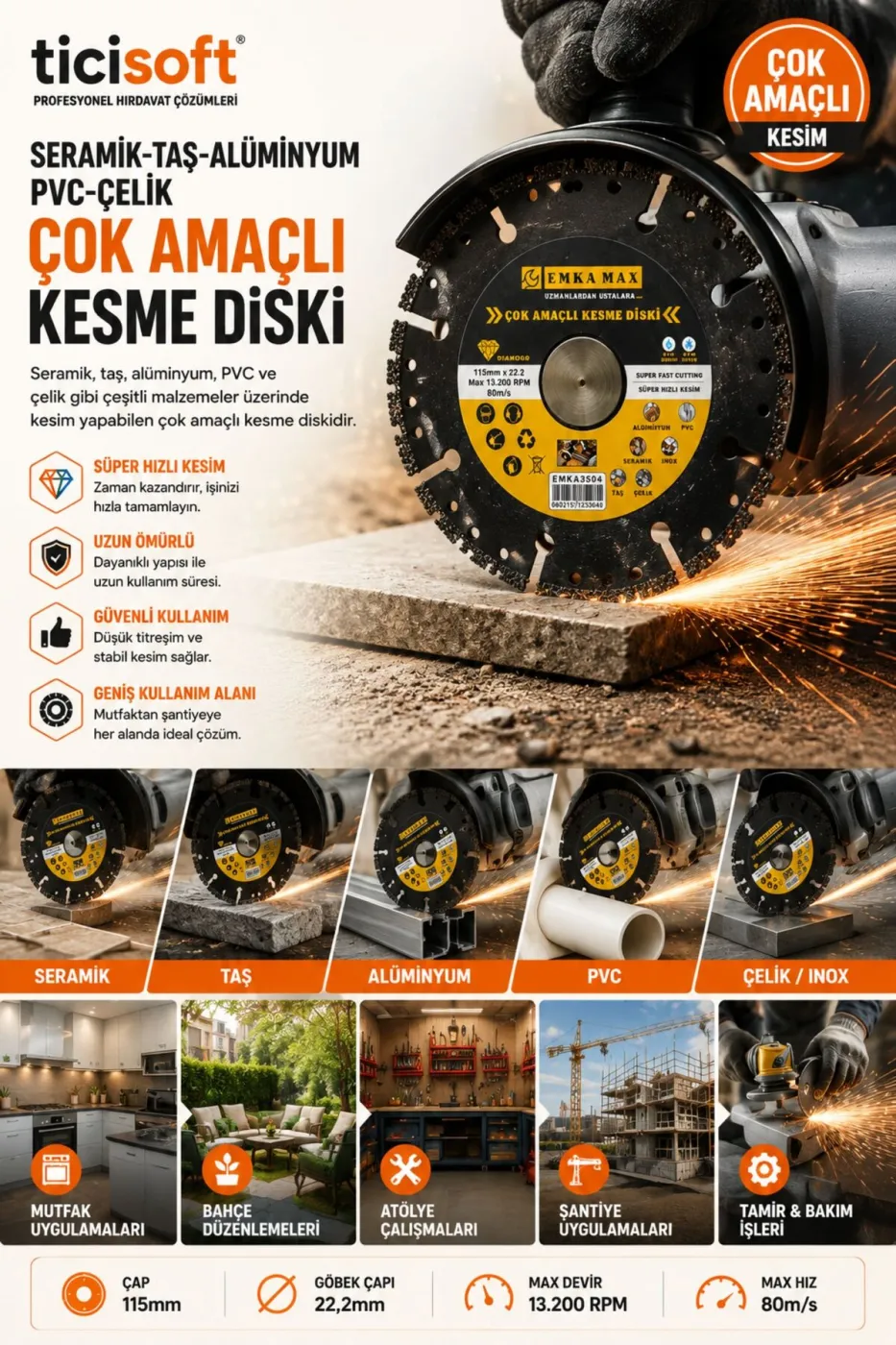 115mm Çok Amaçlı Kesme Diski Seramik Taş Alüminyum PVC Çelik Kesici Disk 22.2mm